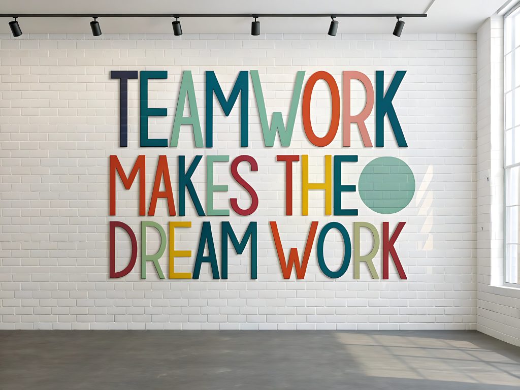 Office wall mural reading “Teamwork makes the dream work.”